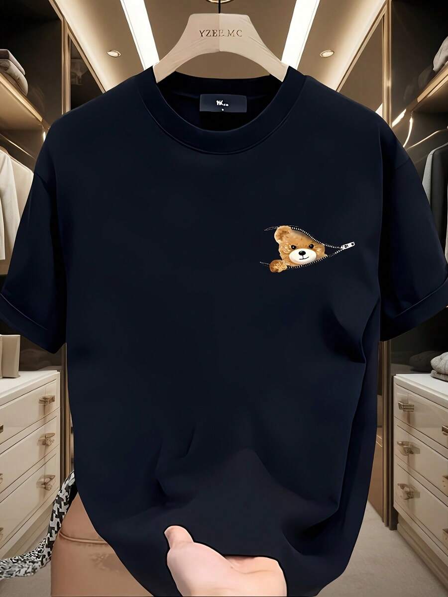 Cute Teddy Bear Pocket Print T-Shirt - Casual Short Sleeve Round Neck Cotton T-Shirt, Soft And Breathable Summer Top, Suitable For Men And Women, Perfect Gift For All Occasions, Casual Decoration | Lively Design | Breathable Fabric, Teddy Bear Shirt - màu đen - Xem 1