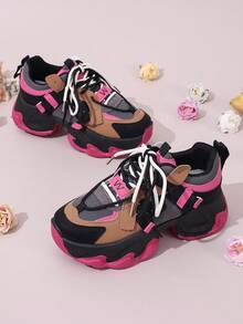 Women's Black Chunky Sneakers, Round Toe Lace-Up Thick Bottom Casual Athletic Shoes, Lightweight Outdoor Running For Spring & Autumn - 紅色 - 查看 9