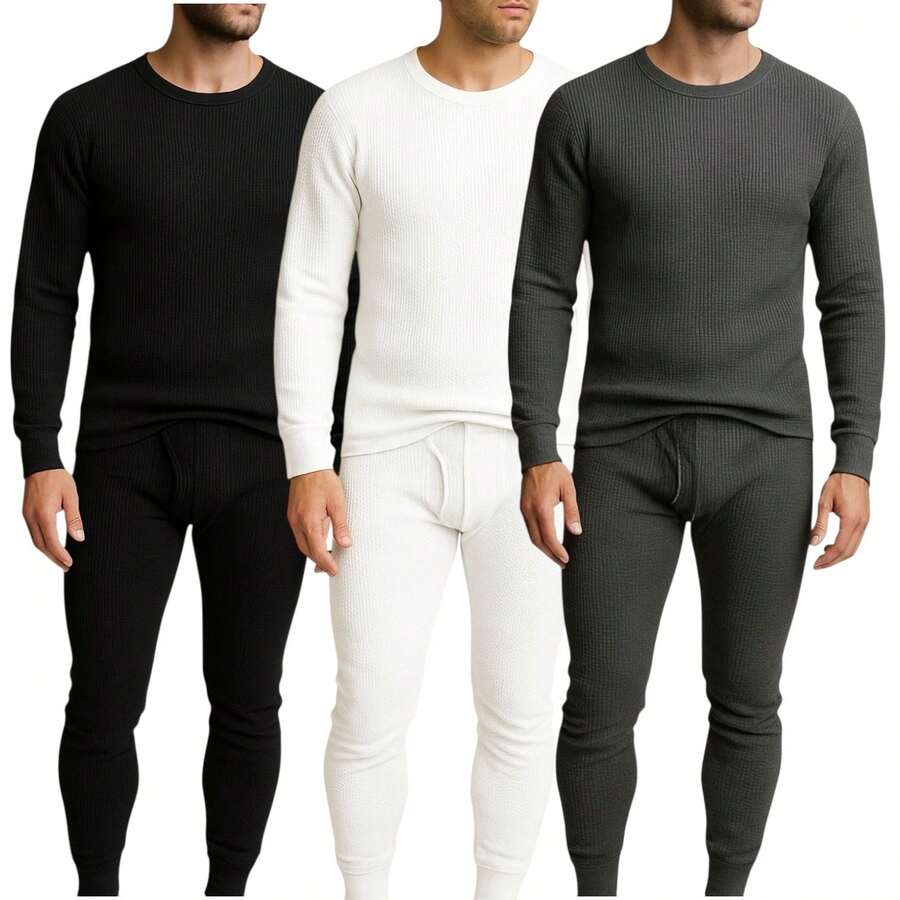 Men's 3 Pack Full Thermal Sets Ultra Soft 6 Piece Cotton Top And Bottom Set, Warm Cotton Long Johns, Winter Base Layer, Thermal Underwear For Men - 白色/黑色/炭灰色 - 查看 1