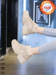 Damskie białe buty codzienne, buty sportowe, nowość zimowa 2024 z dodatkową izolacją polarową, gruba podeszwa zewnętrzna, modny i uniwersalny styl wakacyjny, buty do pieszych wędrówek i jazdy na deskorolce dla studentów, płaskie, grube trampki, śniegowce, buty damskie