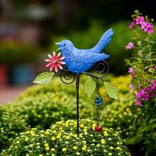 Metal Bird Wind Chime Decorative Garden Wooden Stake -14.2 Inch Outdoor Metal Flower And Metal Courtyard Art Outdoor And Garden, Terrace Rust Proof Shaking Bird Lawn Decoration - A Gift For Gardeners - Multicolor - View 10