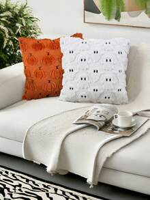 Vỏ gối trang trí Halloween thêu hình quả bí ngô mùa thu 18x18, Vỏ gối trang trí mùa thu cho ghế sofa, Phong cách mộc mạc trang trại, Len kết cấu sang trọng có thêu thân màu nâu Thân màu cam nâu - Nhiều màu - Xem 4