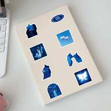 50 pièces Autocollants décoratifs rétro de science-fiction esthétique bleu basse résolution pour scrapbooking, journaux, tasses