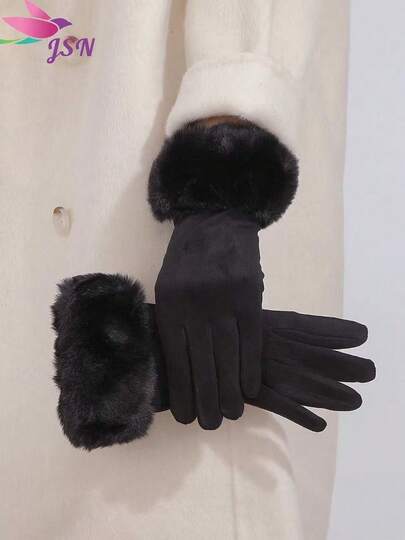 1 par de guantes de dedo completo de poliéster de unicolor, elegantes y casuales, con forro térmico cálido, guantes de invierno de moda para ciclismo al aire libre para mujeres y estudiantes