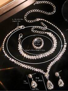 Juego de joyas con colgante de gota de agua con diamantes de imitación, adecuado para novia de boda, fiesta formal y ropa de noche - Plateado - Ver 10