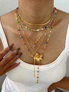 2-7pcs Vintage Elegant Fashion Hip Hop Retro Coin Rhinestone Embellished Pendant Necklace Set, Featuring Cross, Flower, Sun, Heart Designs, Tassel Decor, Y-Necklace, Choker, Suitable For Women, Vacation, Party, Daily Wear, All Seasons