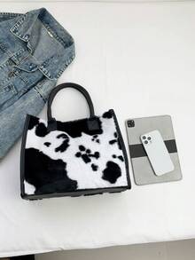 Yogodlns Einfaches Design Kuh Muster Frauen Weiche Plüsch Umhängetaschen Winter Fellbesatz Damen Geldbörsen Handtaschen Mode Weibliche Shopper Taschen - Schwarz und Weiss - Übersicht 6