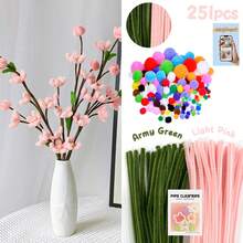 【251件/套】超值套装，包含100根毛根、150个毛球（附赠1个教程视频，可用于制作各种花朵）、150个彩色混合毛球（尺寸0.8-2.5厘米）、多色拼接加密毛根（带贴纸）、30厘米彩色毛根手工材料，以及适合开学季的彩色毛根。 - 黃綠 - 查看 7