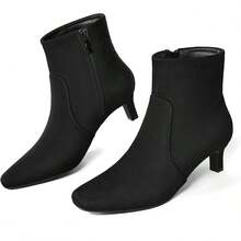 Sexy Square Toe Kitten Heel Booties For Women, Fashion Solid Color Side Zipper Ankle Boots With Faux Leather ,Comfortable Versatile Women Shoes - Da lộn đen - Xem 1
