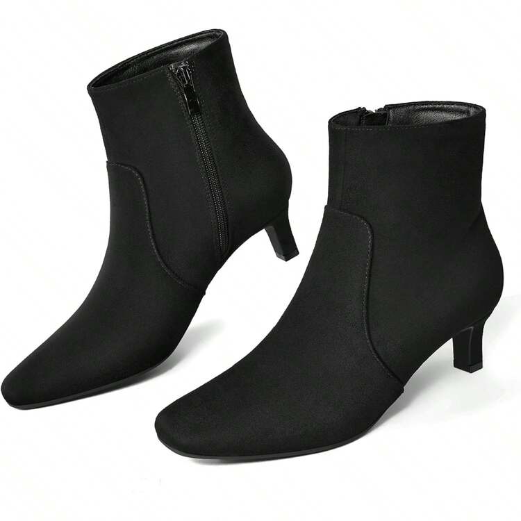 Sexy Square Toe Kitten Heel Booties For Women, Fashion Solid Color Side Zipper Ankle Boots With Faux Leather ,Comfortable Versatile Women Shoes - 黑色絨面革 - 查看 1