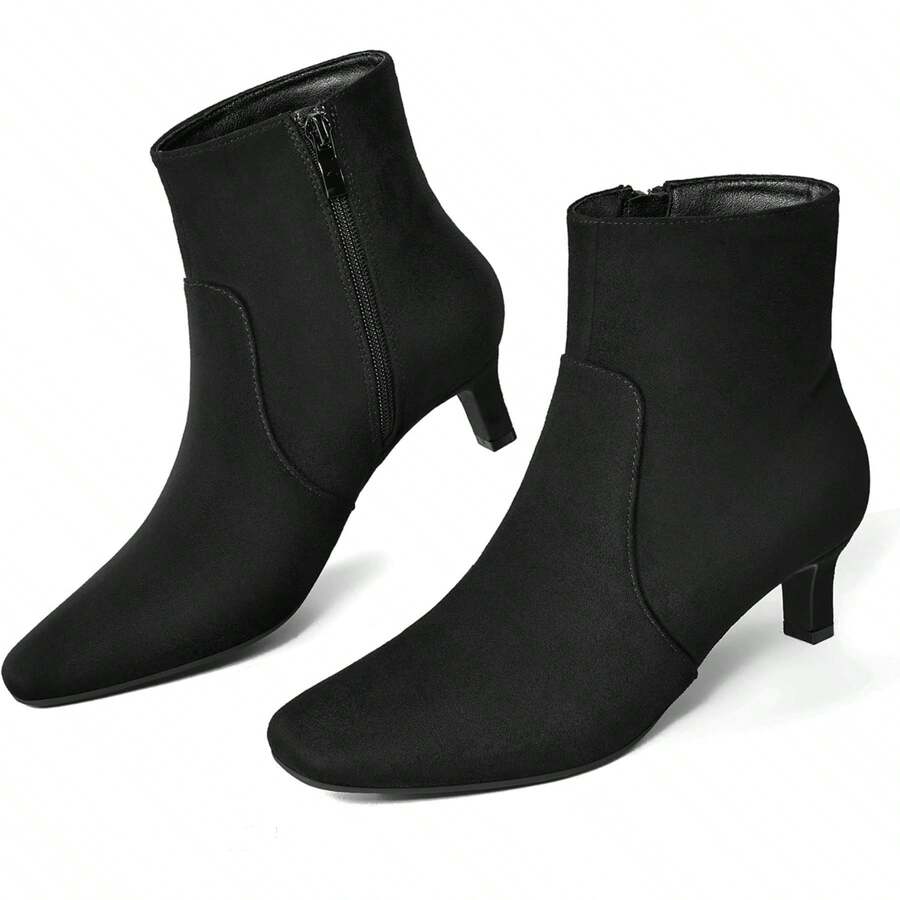 Sexy Square Toe Kitten Heel Booties For Women, Fashion Solid Color Side Zipper Ankle Boots With Faux Leather ,Comfortable Versatile Women Shoes - Da lộn đen - Xem 1