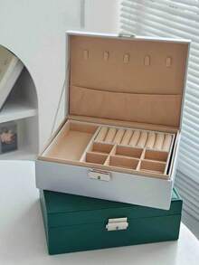 1个双层大容量首饰盒，便携式首饰收纳盒，礼品皮革首饰盒，浴室和办公桌抽屉收纳盒，可堆叠收纳盒，带抽屉的梳妆台首饰盒，适用于戒指、项链、手表、耳环、手镯 - 适合妇女节、下午茶、新年、情人节、生日、海滩度假、浴室、卧室等场合，大容量 - 彩色 - 查看 3