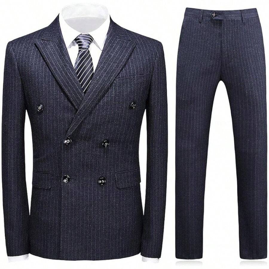 KUDORO Mens Suits 3 Piece Suit Double Breasted Pinstripe Suit Formal Wedding Tuxedo SuitChristmas 205A - 深灰色 - 查看 1