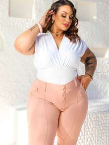 TAILORED PLUS SIZE DRESS PANTS ELASTANE BENGALINE 2 BUTTONS ZIPPER WAISTBAND ELEGANT CURVE - Rusty Rose - View 2