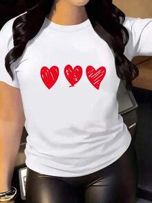 Camiseta Mujer Tres Corazones Roja Graffiti Impresa Suelta Cuello Redondo Manga Corta - Blanco - Ver 1