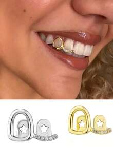 1pc Hollow Copper Zirconia Stone Women's Tooth Jewelry, Shiny Gold Tooth For Music Festival, Party, Couples Gift - Multicolor - View 3
