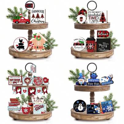 مجموعة ديكورات عيد الميلاد الريفية لطاولة متعددة الطبقات من الخشب للاحتفال بعيد الميلاد والأعياد الشتوية، مصممة بشكل سانتا وتماثيل الثلج وقزم عيد الميلاد وكوكاو ساخن وحيوانات المزرعة عيد الميلاد، لافتات خشبية صغيرة بشعار "عيد ميلاد مجيد" للديكور الريفي لطاولة المطبخ وبار القهوة (بدون صينية)