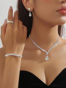 Juego de joyas con colgante de gota de agua con diamantes de imitación, adecuado para novia de boda, fiesta formal y ropa de noche - Plateado - Ver 4