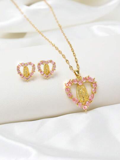 Set de 3 piezas: Collar con colgante del Corazón de la Virgen María + Pendientes de Corazón de la Virgen María brillantes y delicados, diseño hueco vintage, incrustado con circonita sintética, adecuado para bodas de mujeres, joyería católica, regalo del Día de San Valentín, Día de la Madre (los pasadores de los pendientes son fáciles de doblar pero se pueden restaurar por sí mismos)