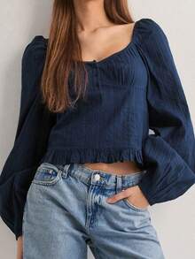 Women's Autumn Casual Tops Long Puff Sleeve Scoop Neck Solid Color Button Up T-Shirt - Blue - View 6