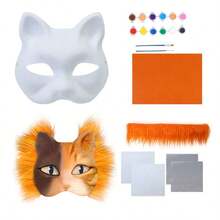1Set Halloween DIY Animal-Themed Party Mask Making Set- Blank Cat & Fox Half-Face Masks With Colorful Felt Sheet, Mesh Grids, And Accessories For Painting & Decoration - Ideal For Parties, Festivals, Costume Balls, And Performances - Multicolor - View 4