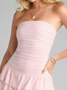 Women's Strapless Tube Mini Dress Sleeveless Ruched Bandeau Dress Ruffle Hem Dress - 粉色 - 查看 4