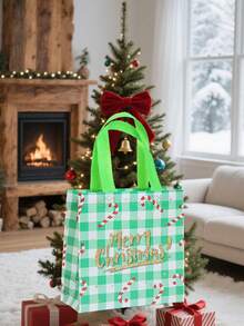 25pcs Christmas Gift Bags - Red & Black Plaid Non-Woven Tote Bags, Christmas Element Printed Decorative Non-Woven Fabric Gift Bags, Reindeer Bell And Stocking Design, Suitable For Party Favors And Holiday Gifts, Christmas Decorations