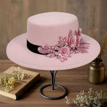 Womens Fedora Hat Stylish Elegant Decorative Flower Panama Hat Wide Flat Brim Jazz Cap - 粉色 - 查看 2