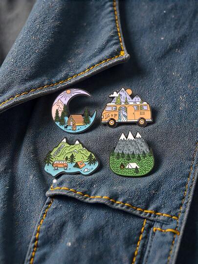 1 قطعة/3 قطع دبابيس سبيكة سفر بتصميم بسيط، جبل ونهر وقمر وكوخ، مناسبة لتزيين الملابس والحقائب، هدية رائعة للأصدقاء