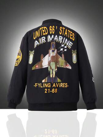 Tween Boys Winter Thermal Lined Zipper Pocket Jacket, Fashion Graphic Print Warm Outerwear Coat For Boys