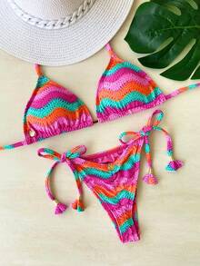 Ripple Triangle Bikini With Removable Padded Cups And Crochet In Pink - 彩色 - 查看 6