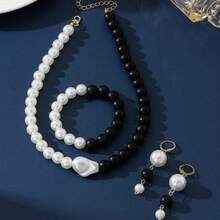 1 件优雅黑白仿珍珠项链，分层设计，时尚手工串珠项链，适合女士 - 紅白拼色 - 查看 7