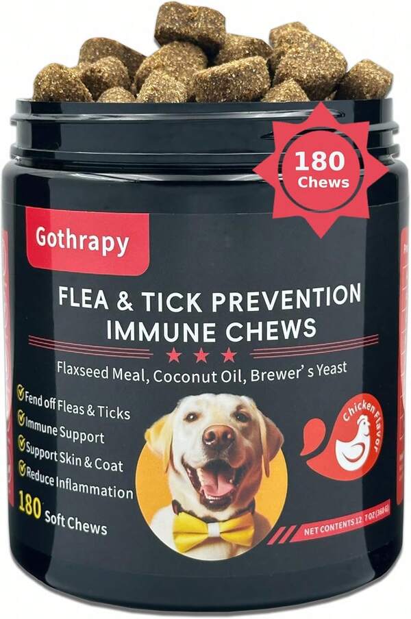 Gothrapy Flea And Tick Prevention For Dogs - 180 Vet-Approved Natural Soft Chewables Treatment | US-Formulas Oral Supplement For Puppy, Adult &Amp; Senior | All Breeds Sizes - Chicken Flavor