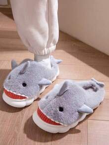 Men's Cartoon Shark Plush Lined Warm Slippers, Suitable For Indoor And Outdoor Wear, Autumn/Winter - Grey - View 5