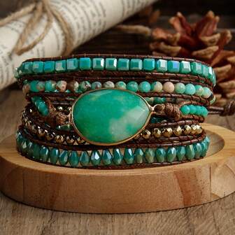 1pc New Bohemian Style Wrapped Bracelet, Natural Stone, Glass Beads, Handmade Wax Rope 5-Strand Wrapped Bracelet, Gift For Women