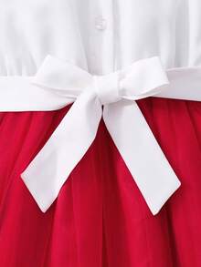 Girls' Long Sleeve Floral Mesh Patchwork Bowknot Waist Shirt Dress, Spring/Autumn - Red - View 6