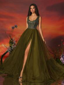 VIPGIRL فستان سهرة أنيق وبسيط للنساء مع شق عالي وشبكة من الترتر - أخضر عسكري - مشاهدة 3