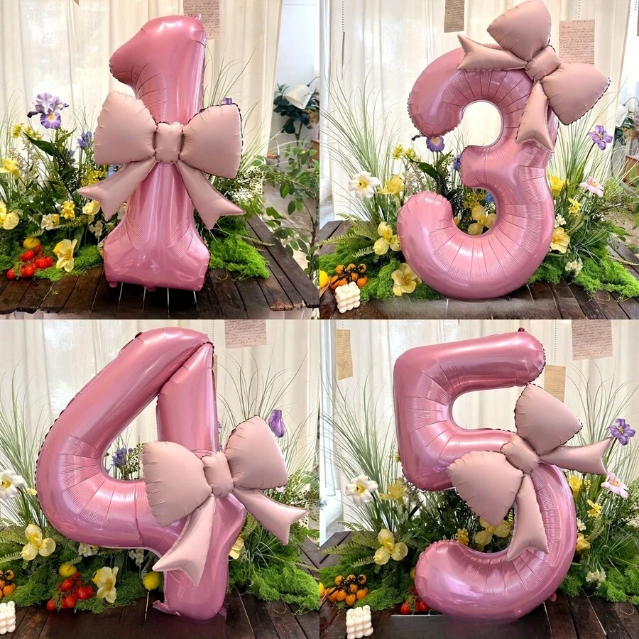 2pcs/Set 32-Inch Large Pink Number & Bow Foil Balloon Set, Suitable For Birthday Party, Outdoor Events, Anniversary, Holidays, New Year Party Wall Decor - Pearlescent Pink Butterfly Balloon Set - View 1