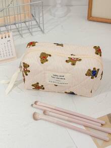1 Piece Beige Strip Print Cosmetics Storage Bag Cute Brown Bear Pattern Make Up Bag Practical Makeup Bag Set Large Capacity Cosmetics Organizer Bag Foam Quilted Travel Toiletry Bag Lovely Cartoon Pattern Makeup Pouch Multi-Functional Items Storage Bag