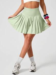 Leorrey 1pc Women's Seamless Casual Comfortable Solid Color High Waist Anti-Flashing Sweet Pleated Tennis Running Workout Mini Skirt - Green - View 6