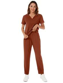V-Neck Pocket Short Sleeve Top And Pocket Long Pants Pajama Set - Coral Orange - View 9