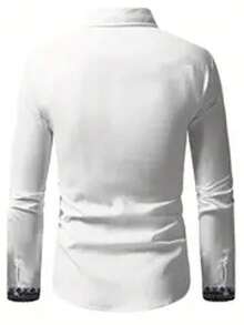 Fashionable Minimalist Men's Long Sleeve Print Turndown Collar Shirt, Suitable For Dates, Formal Occasions, And Everyday Wear - White - View 6