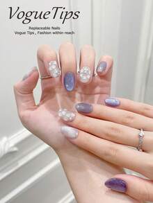 10pcs Handmade Nail Tips, Starry Sky Design, Short Round Wear Nails XS/S/M/L, Short Press-On Nails In Purple & Gray, Elegant & Charming, High-Quality Handcrafted Wear Nails, Short Nails, Slouchy Person Quick Stick-On Wear Nails, Press-On Acrylic Nails