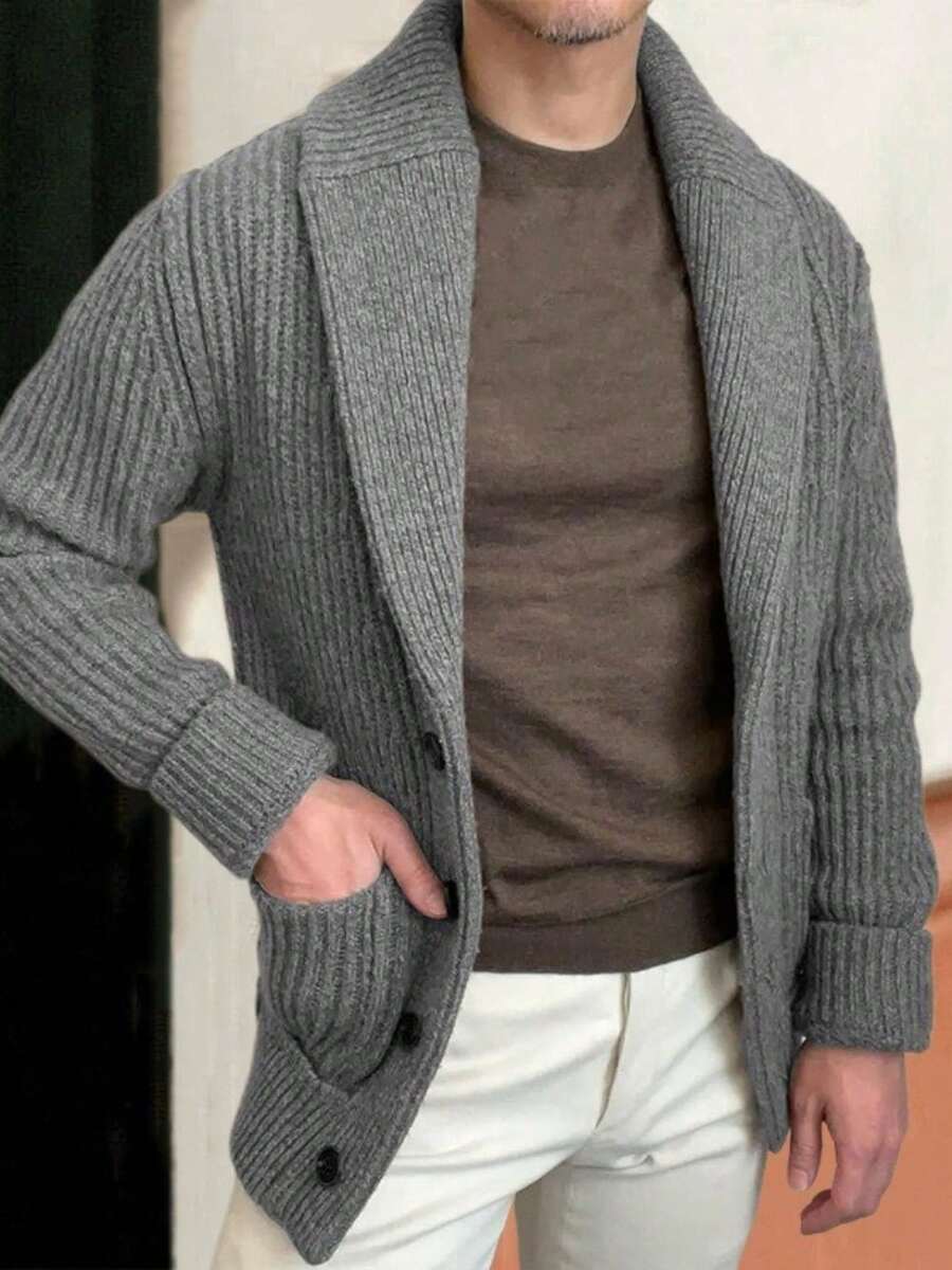 Lapel Long Sleeve Sweater Jacket Vintage Fashion - 灰色 - 查看 1