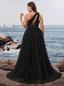 Elisanya فستان سهرة أنيق وفاخر للنساء بتصميم كورسيه أحادي الكتف من البلوم الأزرق، بخصر مرتفع وتنورة خط A لامعة، مع تطريز زهري وأكمام مبطنة بلا أكمام، شبكي شبه شفاف مناسب للمناسبات الخاصة باللون الأسود مع فتحات