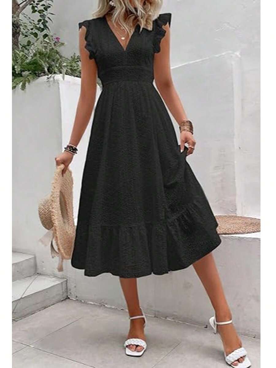 Long Beach Dress With Wrap Hem And Ruffle, Vacation Outfit For Women - Black - View 1