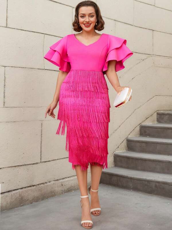 AOMEI Plus Size V-Neck Multi-Layer Tassel Decor Dress