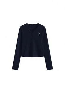 女士秋冬韩版半领修身刺绣百搭长袖T恤打底衫