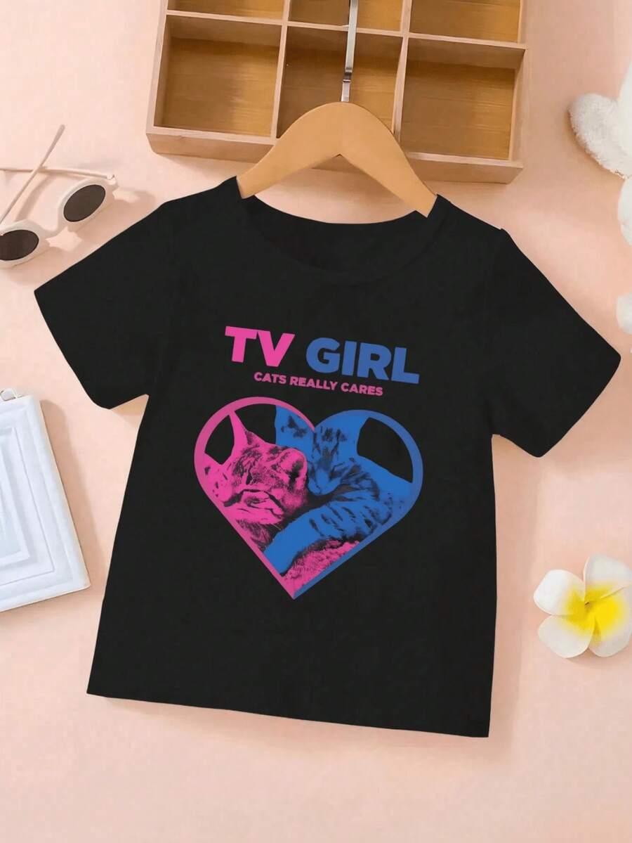 Y2K - Style Soft Knitted Cotton Short - Sleeve T - Shirt For Teenage Girls – Black Top With "TV GIRL" Heart - Shaped Cat Print, Suitable For Summer School Fashionable Daily Wear - 黑色 - 查看 1