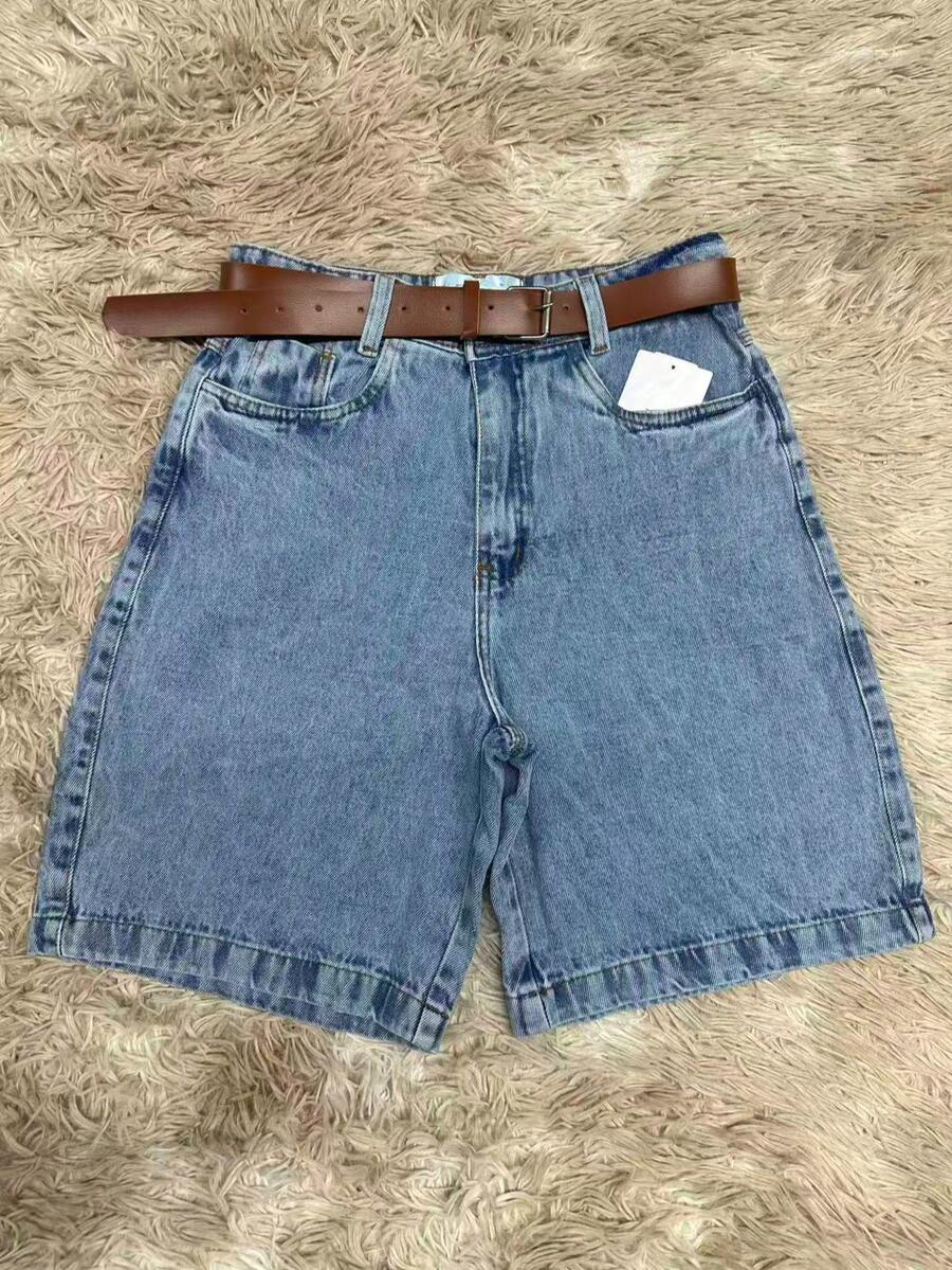 Bermuda Jeans Shorts Basic Denim With Pocket For Women - Lavagem Média Com Cinto - View 1